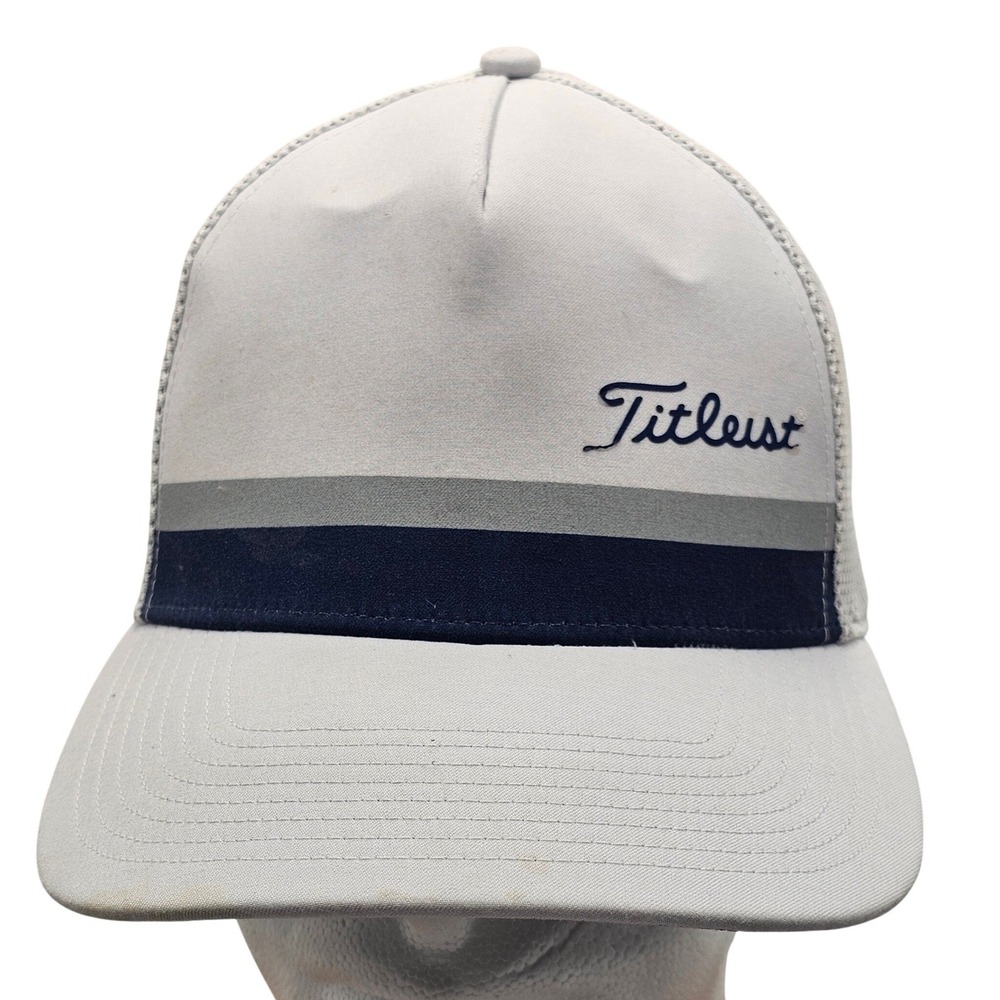 Titleist Golf Hat Adjustable Snapback White Gray Blue Striped Trucker Cap Hat *